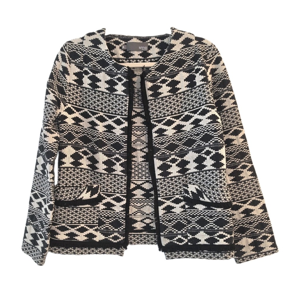 MYNE Black & Ivory Geometric Woven Cotton Fringe Open Blazer Jacket Size 4
